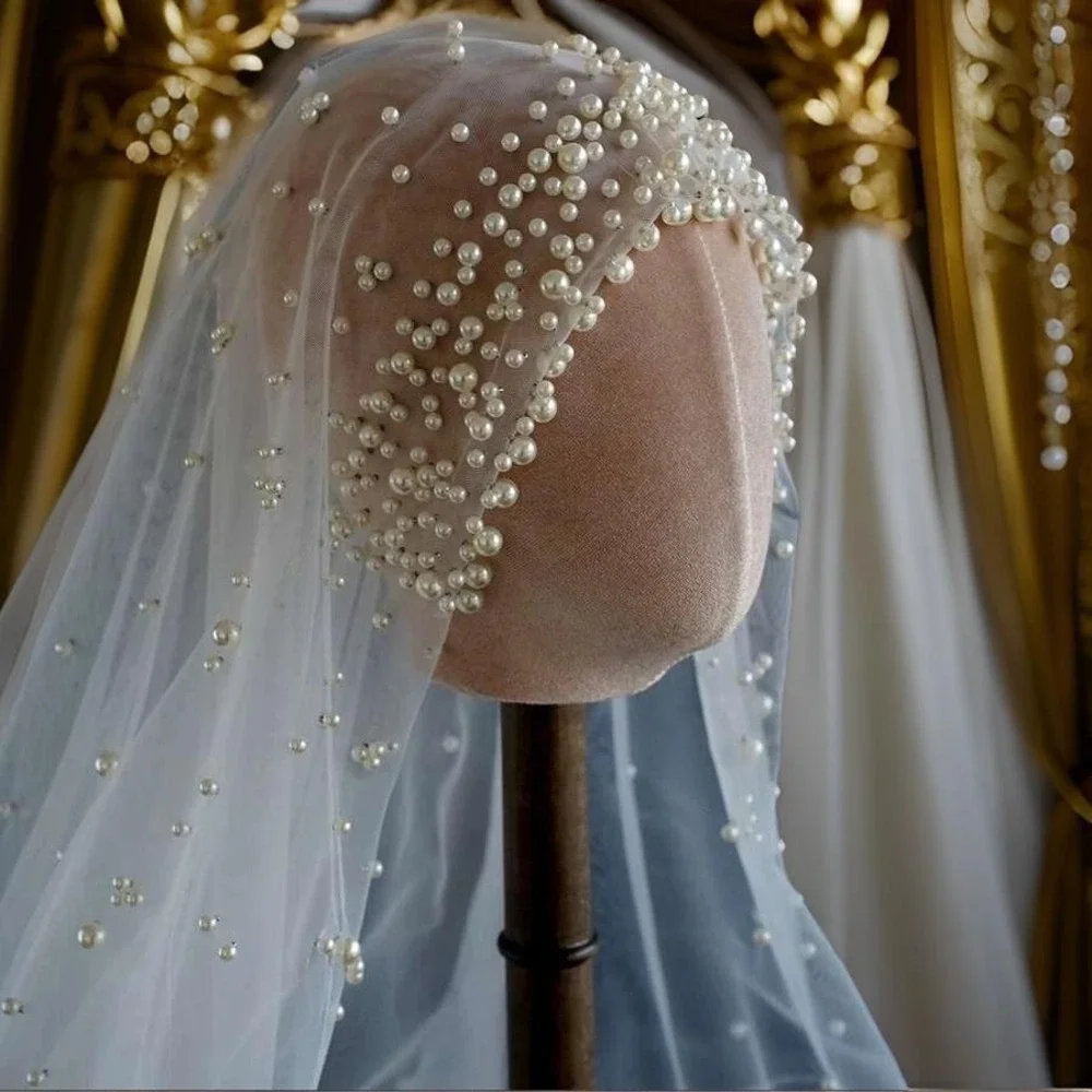New Pearl 2 Layer Bridal Veil Hijab Scarf Hair Cover Wedding Bridal Ivory Beaded